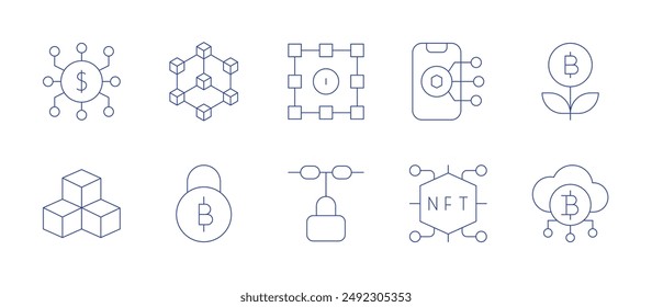 Blockchain icons. Thin Line style, editable stroke. blockchain, bitcoin, cloud, cubes, growth, mobile, nft.