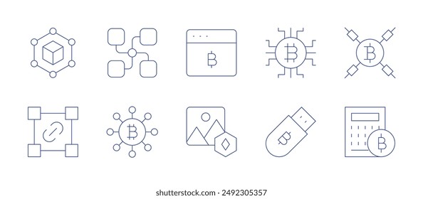 Iconos de blockchain. Estilo de línea delgada, trazo editable. blockchain, conexión, bitcoin, moneda digital, cartera de hardware, imagen, software.