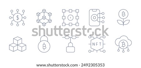 Blockchain icons. Thin Line style, editable stroke. blockchain, bitcoin, cloud, cubes, growth, mobile, nft.