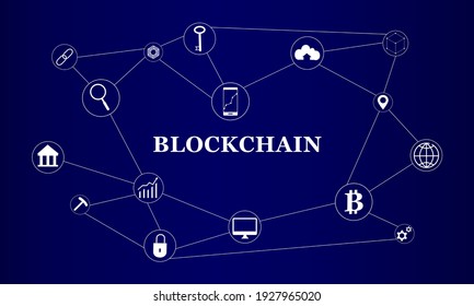 Blockchain with icons vector background illustration. Blockchain concept with legal global network connections. Cryptocurrency, digital money, smart contracts, modern internet technology for business.