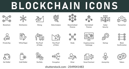 Ícones de cadeia de blocos ilustração vetorial com linha fina editável traço contém distribuição análise de dados de mineração tokens carteira quente criptomoeda troca chave privada descentralizada finanças ciber