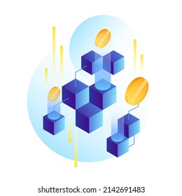 Blockchain Illustration. Digital Money, Blocks and Coins. Vector illustration