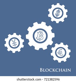 Blockchain. Illustration of digital web money transfer. Gear with bitcoin, dollar, euro and yen. Financial update, electronic technoology. Mining.