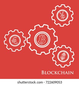 Blockchain. Illustration of digital web money transfer. Gear with bitcoin, dollar, euro and yen. Financial update, electronic technoology. Mining.