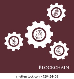 Blockchain. Illustration of digital web money transfer. Gear with bitcoin, dollar, euro and yen. Financial update, electronic technoology. Mining.