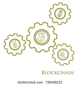 Blockchain. Illustration of digital web money transfer. Gear with bitcoin, dollar, euro and yen. Financial update, electronic technology. Mining.