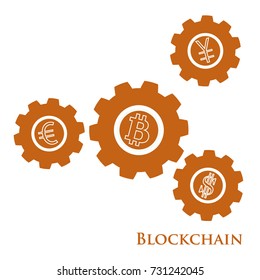 Blockchain. Illustration of digital web money transfer. Gear with bitcoin, dollar, euro and yen. Financial update, electronic technoology. Mining.