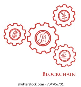 Blockchain. Illustration of digital web money transfer. Gear with bitcoin, dollar, euro and yen. Financial update, electronic technoology. Mining.