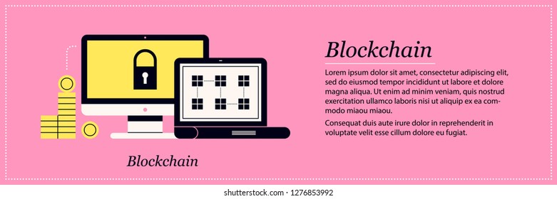 Blockchain illustration. Elegant flat style on pink background. Bitcoin, cryptocurrency, online transactions.
