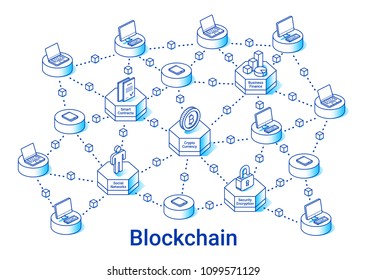 Blockchain illustration in linear isometric style. Minimal art line. Concept with cryptocurrency, smart contracts and security.