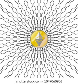 Blockchain illustration on white background with and ethereum coin in center. Ethereum symbol. Trendy vector background.