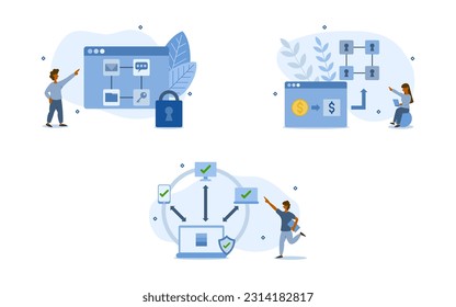 blockchain illustration set. characters are studying the working principle of blockchain and checking access permissions every time. blockchain working concept. vector illustration.