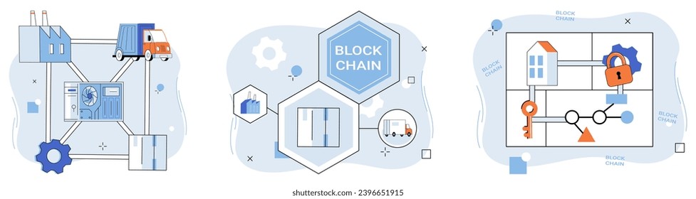 Blockchain industry vector illustration. In digital realm, blockchains network connects industries through cryptographic threads The internet things IoT and blockchain dance in ballet decentralized
