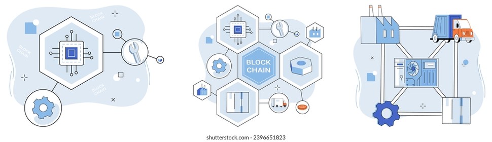 Blockchain industry vector illustration. Encryption transforms transactions into gold online financial security Blockchain, web trust, knits economy into decentralized database In online symphony svg
