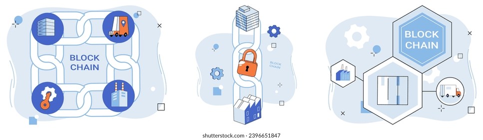 Ilustración vectorial de la industria de Blockchain. En el negocio de la sinfonía en línea, blockchain juega un papel fundamental en la armonía financiera. La información fluye de forma segura a través de las venas, las industrias de la cadena de bloqueo y el ecosistema digital.