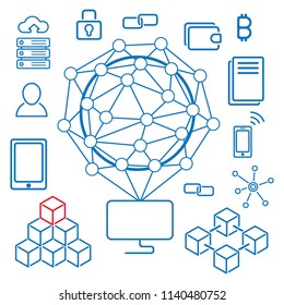 Blockchain infographics. The set of different blockchain elements in minimalistic style