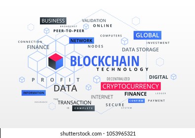 Blockchain infographics text cloud, block chain presentation abstract background illustration 