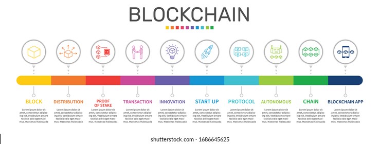 Blockchain Infographics vector design. Timeline concept include block, distribution, proof of stake icons. Can be used for report, presentation, diagram, web design.