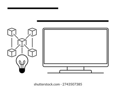 Blockchain, innovation, decentralized systems, digital solutions, networking, knowledge sharing. A monitor, interconnected blocks and light bulb. Blockchain and innovation concept