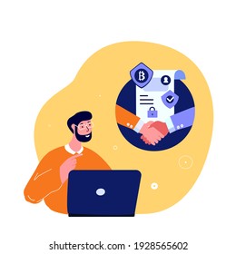 Blockchain Innovation Technology Agreement.Businessman Freelancer.Cryptocurrency Bitcoin Smart Blockchain Conctract. Online Digital Cryptocurrency. Start up High Technologies. Flat vector illustration