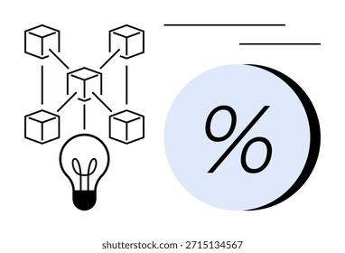 Blockchain, innovation, technology, finance, data connectivity, and digital transformation. A connected network of cubes, a light bulb and a percentage symbol. Blockchain and innovation concepts