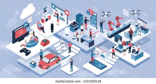 Blockchain, internet of things and lifestyle: people using connected devices and touch screen interfaces, robots and smart industry - Shutterstock ID 1151350118