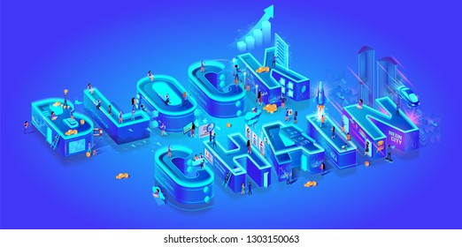 Blockchain. Isometric 3d Word. Cryptocurrency Idea. Farm for Mining Bitcoins. Digital Money Market, Investment, Finance and Trading. Miniature Characters Live in Neon Smart City. Vector Illustration.