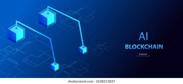 Blockchain isometric banner. Cryptocurrency and blockchain connected cube blocks. Big data Ai chain technology background. Data transmission operations vector.