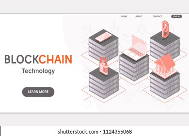 Blockchain isometric concept banner,big data processing, server room rack