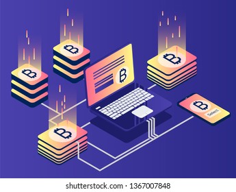 Blockchain isometric concept. Bitcoin on a laptop. Web illustration