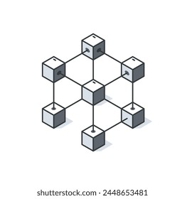 Blockchain isometric icon. Block validation in the blockchain. Blockchain technology. Abstract hexagon background. Editable stroke icons. Vector illustration