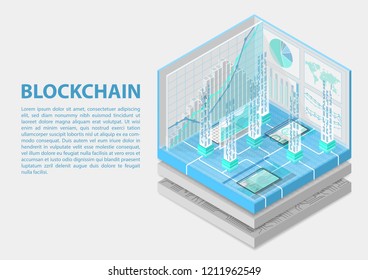 Blockchain isometric vector illustration. Abstract 3D infographic for blockchain related topics