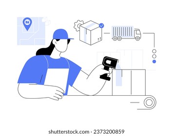 Ilustración vectorial de seguimiento de elementos de la cadena de bloqueo. Cinta de seguimiento de pegamento de trabajadores de almacén, envío de artículos de fábrica, tecnología de blockchain en metáfora abstracta de la industria de entrega.