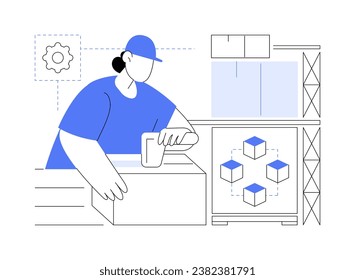 Seguimiento de elementos de Blockchain ilustraciones de vectores de dibujos animados aislados. Cintas de seguimiento para trabajadores de almacén, envío de artículos desde fábrica, tecnología de blockchain en cartoon vectorial de la industria de entrega.