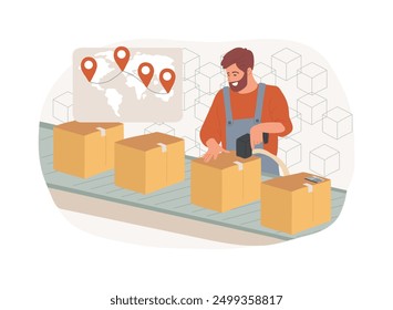 Blockchain elemento de seguimiento de Ilustraciones vectoriales de dibujos animados aislados. El trabajador del almacén pega la cinta de seguimiento, envío del artículo de la fábrica, tecnología de la cadena de bloques en la historieta del Vector de la industria de la entrega.