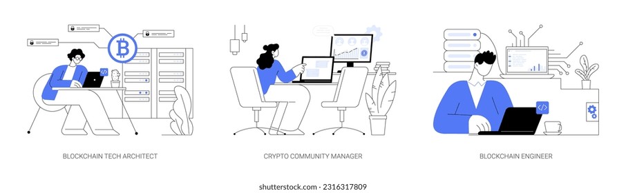 Blockchain jobs abstract concept vector illustration set. Tech architect works at computer, crypto community manager, blockchain engineer profession, computing specialist abstract metaphor.