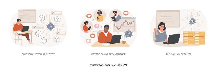 Blockchain jobs isolated cartoon vector illustrations set. Tech architect works at computer, crypto community manager, blockchain engineer profession, computing specialist vector cartoon.