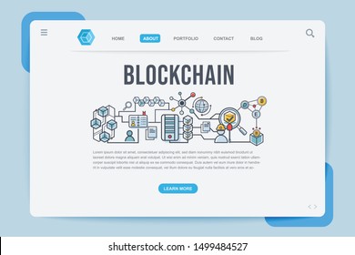 Blockchain Landing page web design templates for banner, diagram, distribution, block, miner, distribution, Ledger and Transaction. Modern vector illustration concepts for web