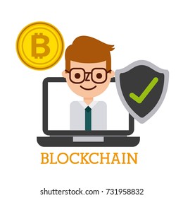 blockchain laptop computer business man bitcoin shield protection