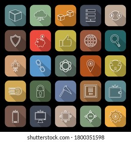 Blockchain line flat icons with long shadow, stock vector
