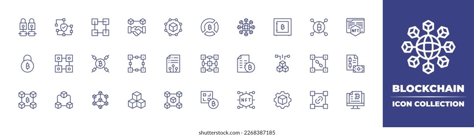 Blockchain line icon collection. Editable stroke. Vector illustration. Containing blockchain, cryptocurrency, smart contract, chart, safe, bitcoin, browser, smart contracts, seed phrase, connect.