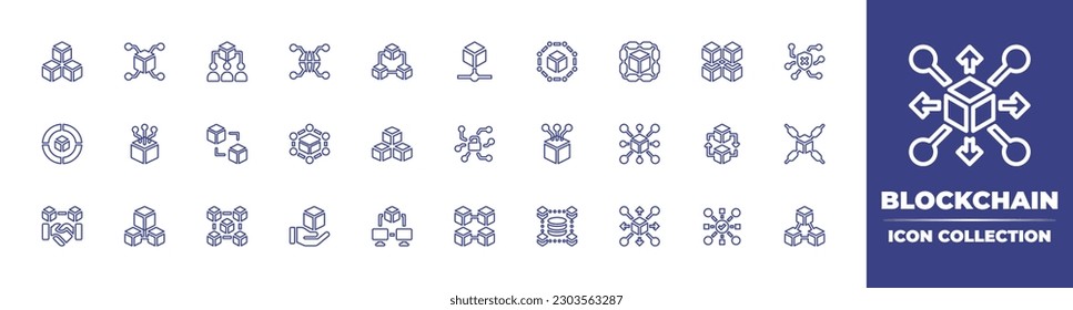 Colección de iconos de línea de cadena de bloqueo. Trazo editable. Ilustración vectorial. Conteniendo blockchain, inseguro, cubos, desbloqueado, contrato inteligente, distribución, libro mayor distribuido.