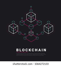 Blockchain line icon logo concept on dark background. Cryptocurrency data sign design. Abstract geometric block chain technology business sign concept vector illustration.