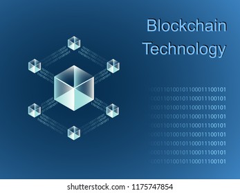 Blockchain line icon logo concept on dark background. Cryptocurrency data sign design. Abstract geometric block chain technology business sign. Isometric vector illustration