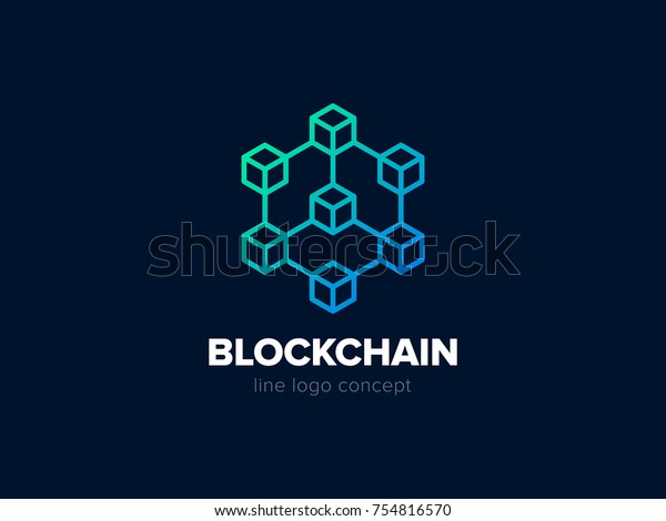 Blockchain line icon logo concept on\
dark background. Cryptocurrency data sign design. Abstract\
geometric block chain technology business sign. Vector\
illustration