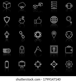 Iconos de línea de cadena de bloqueo con reflexión sobre fondo negro, vector de stock