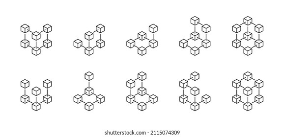 Blockchain line icons set. Blockchain binary data icons. Blockchain digital technology.  Digital data structure. Vector concept. Database system. Vector graphic. EPS 10