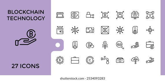 Conjunto de iconos de línea de blockchain. Contiene criptomonedas, descentralización, billetera digital, minería, red blockchain y más. Colección de icono de Vector de línea delgada. Ilustración vectorial editable.