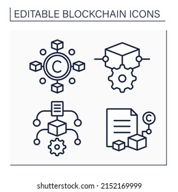 Blockchain line icons set. Cryptocurrency services. Algorithm, blockchain document. Digital asset. Isolated vector illustrations. Editable stroke