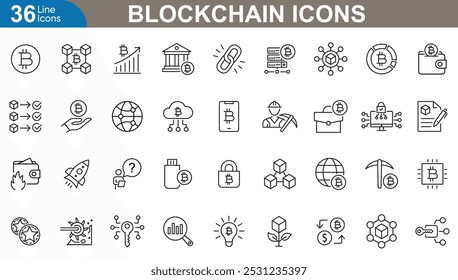 Blockchain line Icons Set. Cryptocurrency, decentralized, fintech, secure transactions, digital ledger, bitcoin and more. vector illustrator.